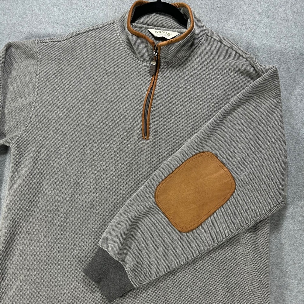 Orvis Pullover Quarter Zip Mens L Gray Leather Trim Outdoor Classic